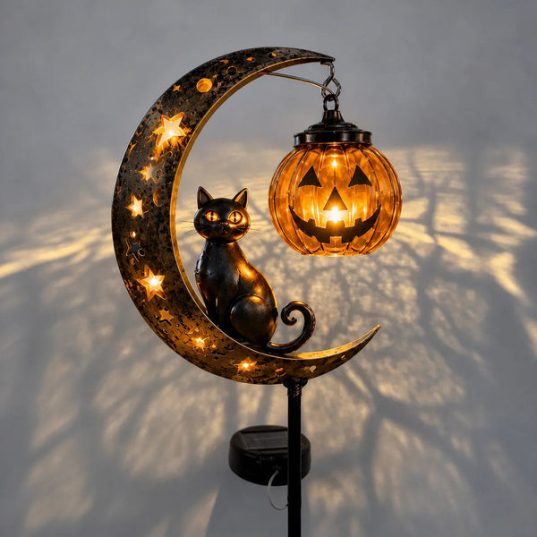 MoonPurr™ Solar-Halloween-Gartenlicht – Schwarze Katze & Kürbislaterne | Magischer Glanz für draußen
