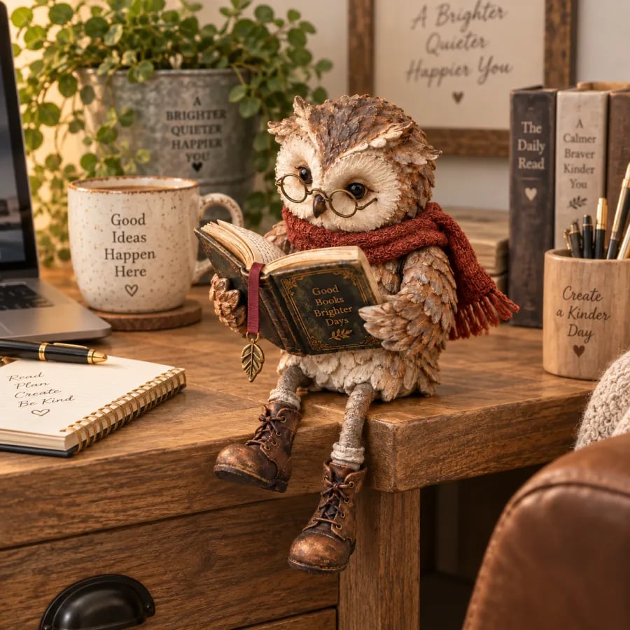 BookHaven™ Lesende Eulen-Dekoration | Charmanter Blickfang für Bücherliebhaber