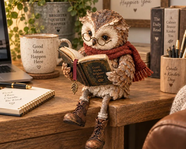 BookHaven™ Lesende Eulen-Dekoration | Charmanter Blickfang für Bücherliebhaber