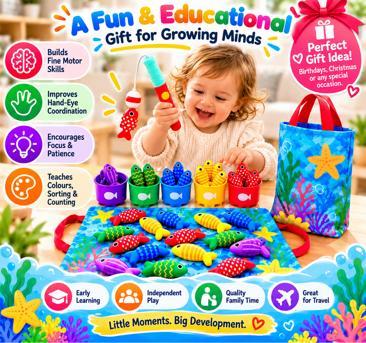 Fischolino™ Angelspiel für Kinder | Farben, Zählen & spielerisch Lernen