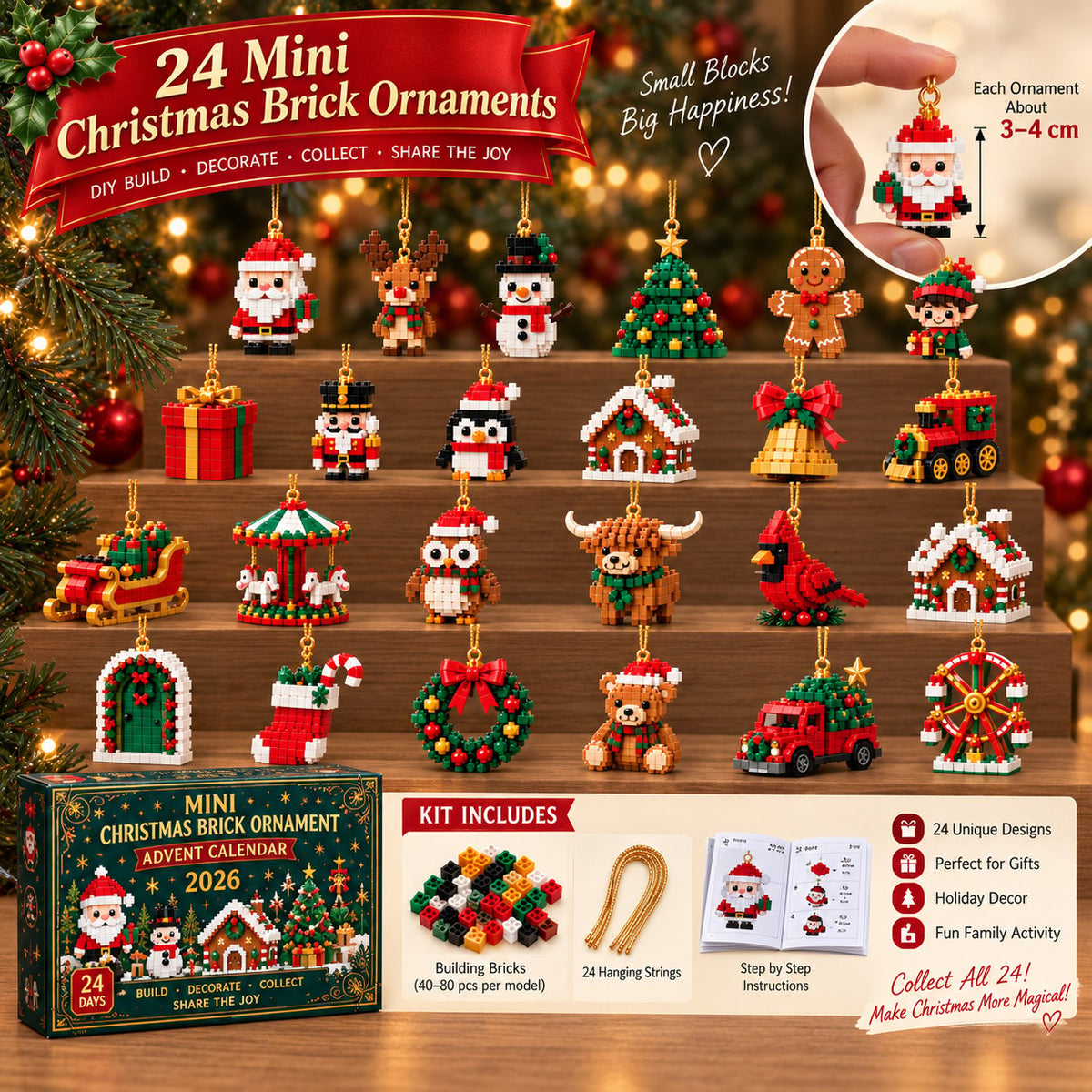 Brickora™ Mini-Adventskalender | 24 Weihnachts-Bausets zum Bauen & Dekorieren