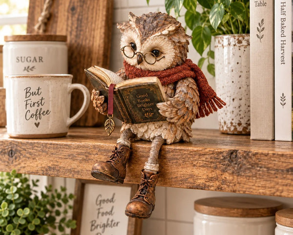 BookHaven™ Lesende Eulen-Dekoration | Charmanter Blickfang für Bücherliebhaber