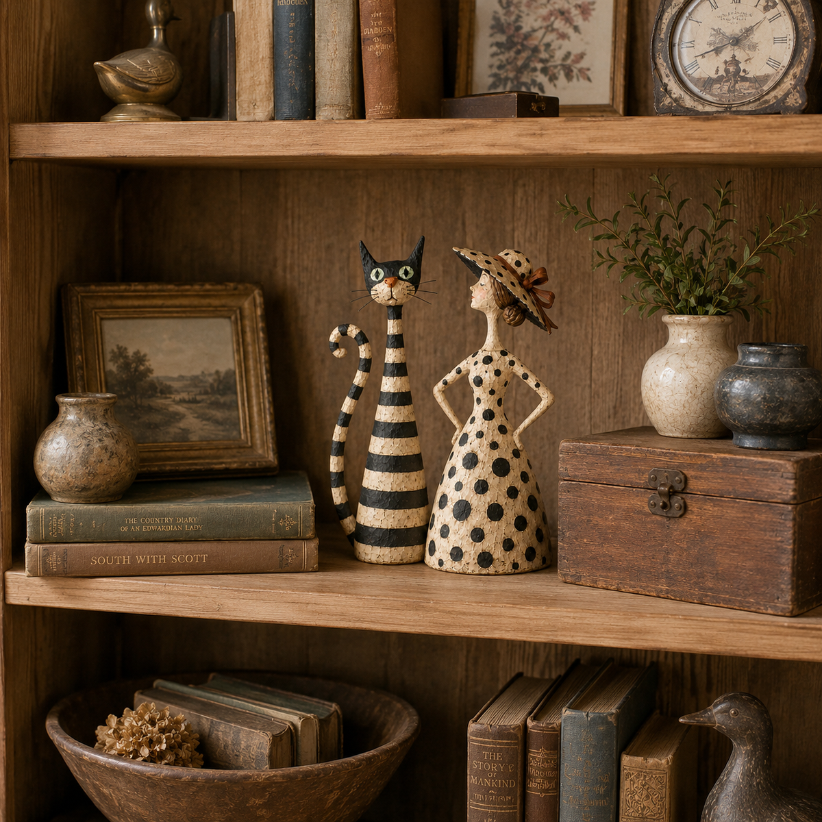 Catelina™ Vintage Katzen- & Damenfiguren – Charmantes 2-teiliges Cottage-Deko-Set