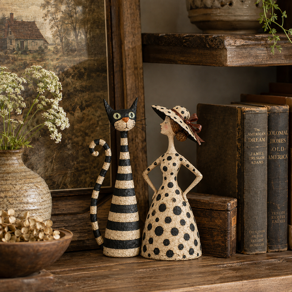 Catelina™ Vintage Katzen- & Damenfiguren – Charmantes 2-teiliges Cottage-Deko-Set