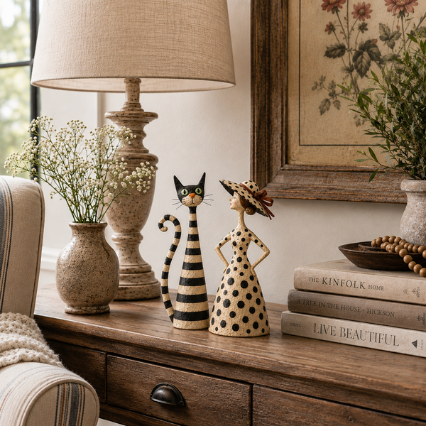 Catelina™ Vintage Katzen- & Damenfiguren – Charmantes 2-teiliges Cottage-Deko-Set