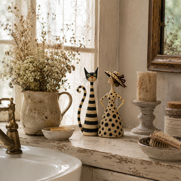 Catelina™ Vintage Katzen- & Damenfiguren – Charmantes 2-teiliges Cottage-Deko-Set