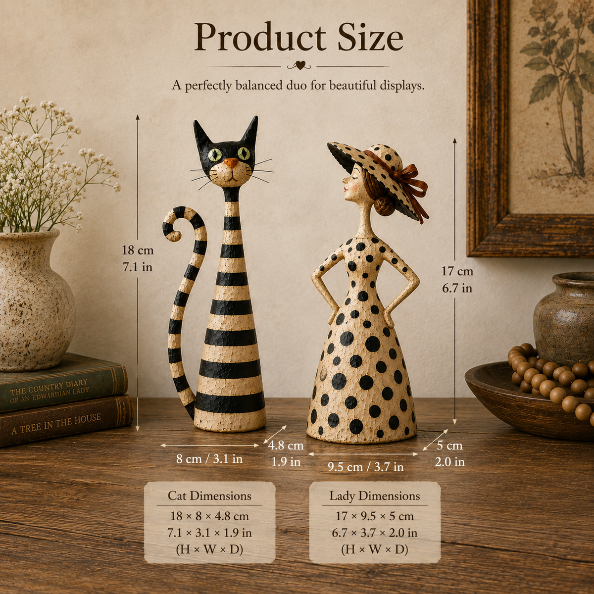 Catelina™ Vintage Katzen- & Damenfiguren – Charmantes 2-teiliges Cottage-Deko-Set