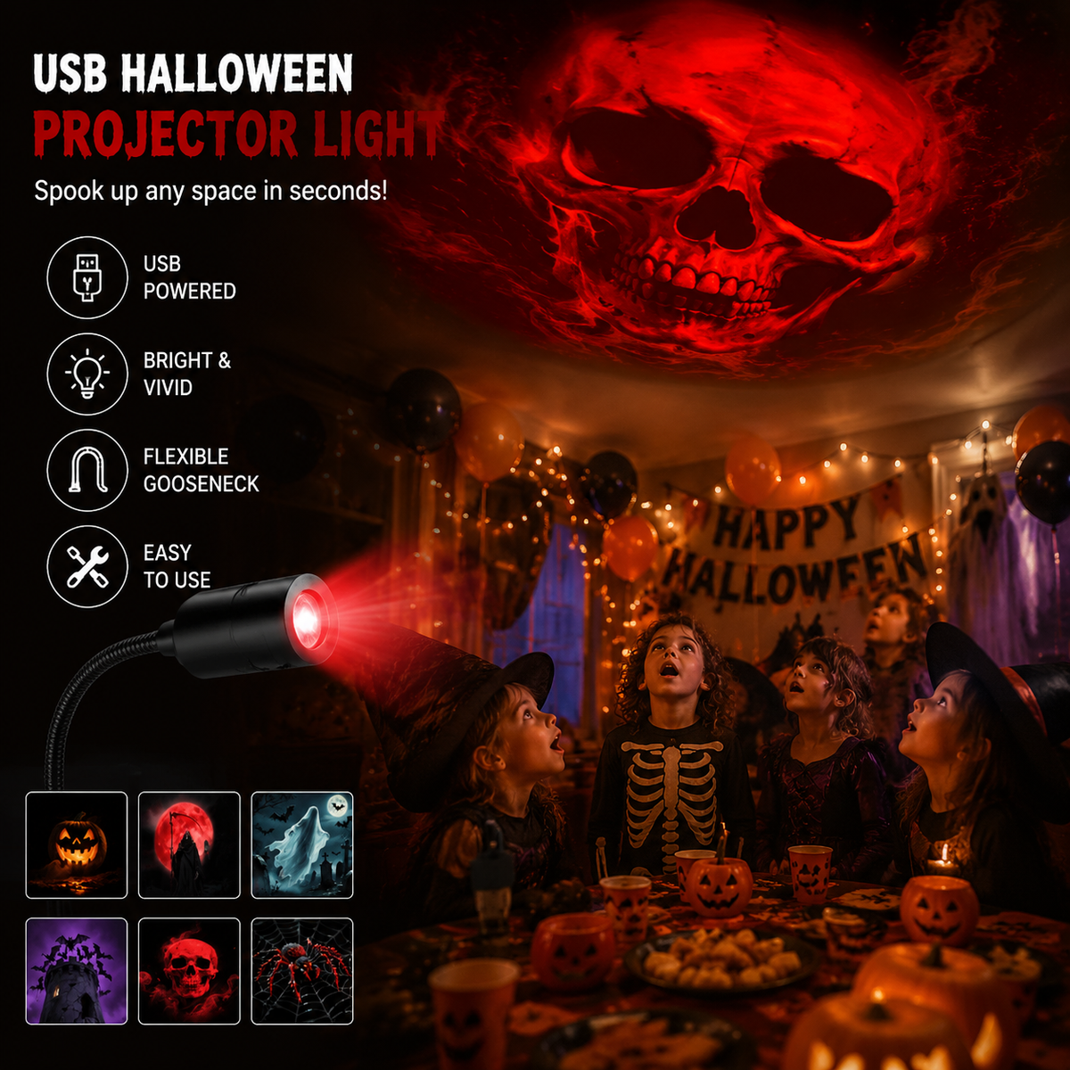 SpookLume™ HD Halloween-Projektor – 6 Gruselige Motive für Sofortige Halloween-Atmosphäre