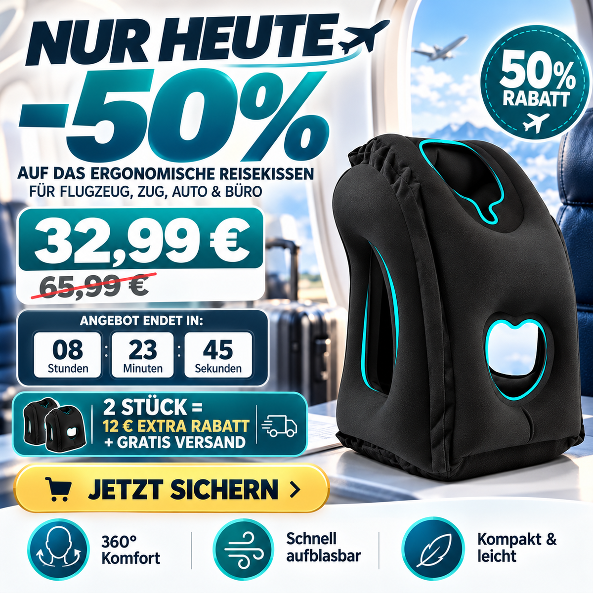 RestiVoy™ Aufblasbares Reisekissen – Ergonomische Nackenstütze für mehr Komfort unterwegs