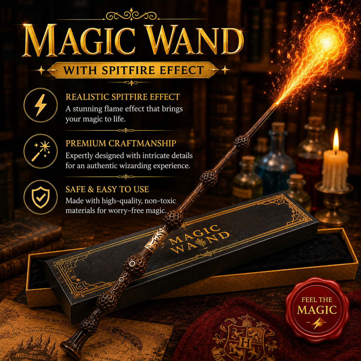 SpellVanta™ Harry Potter Zauberstab | Magischer Feuereffekt für echte Zaubermomente