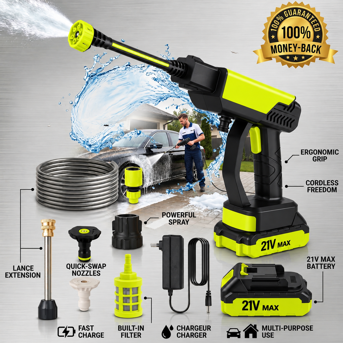 HydroForce™ Akku-Hochdruckreiniger – Kabellose Reinigungskraft für Auto, Garten & Zuhause