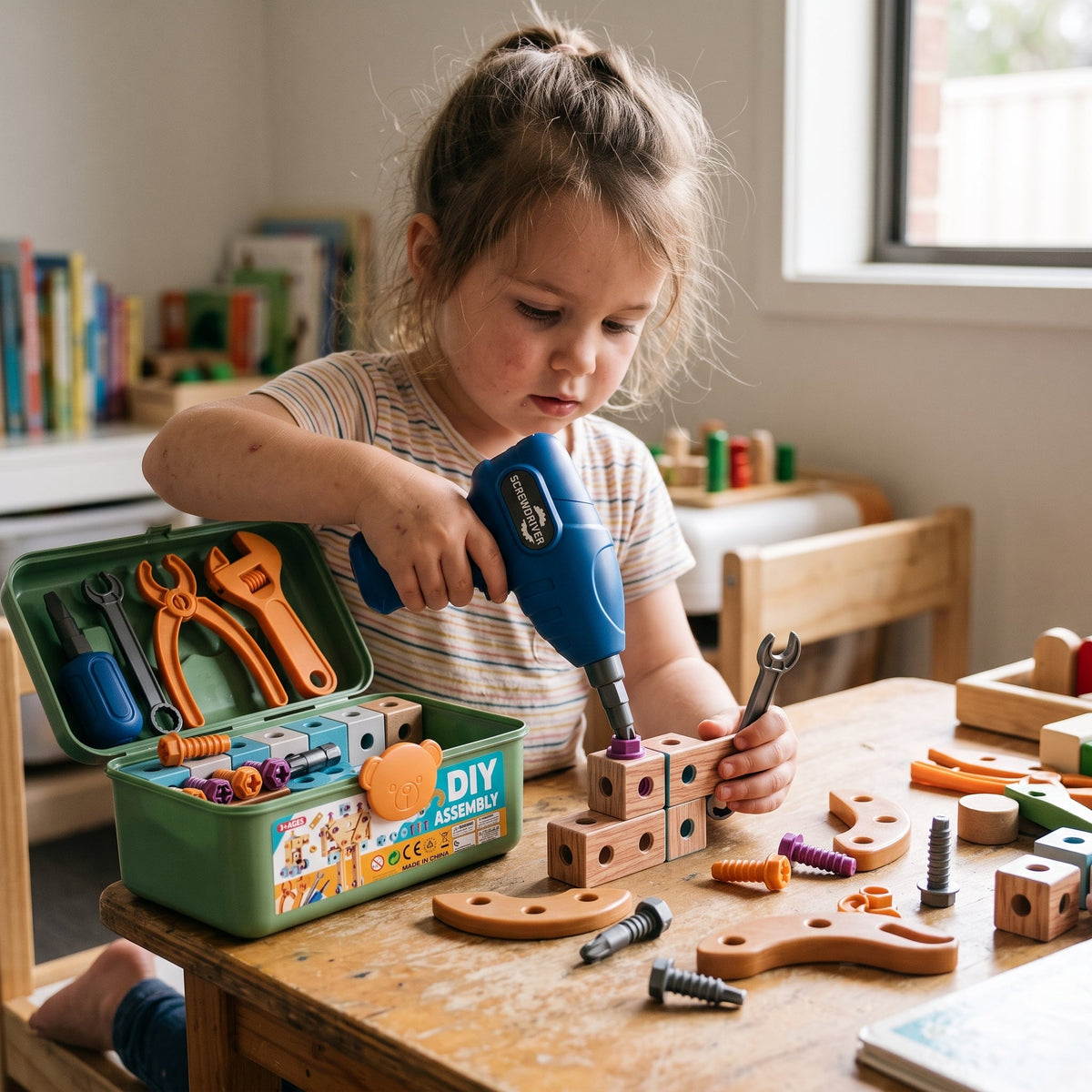 BuildiPro™ Kinder-Werkzeugkoffer – 126-teiliges DIY-Bauset mit Elektrobohrer