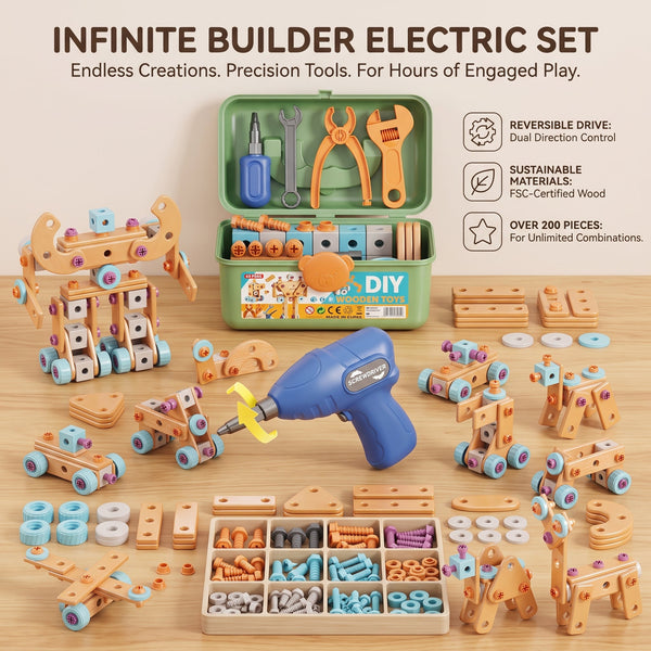 BuildiPro™ Kinder-Werkzeugkoffer – 126-teiliges DIY-Bauset mit Elektrobohrer