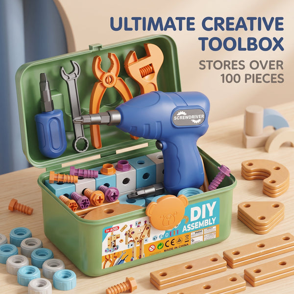BuildiPro™ Kinder-Werkzeugkoffer – 126-teiliges DIY-Bauset mit Elektrobohrer