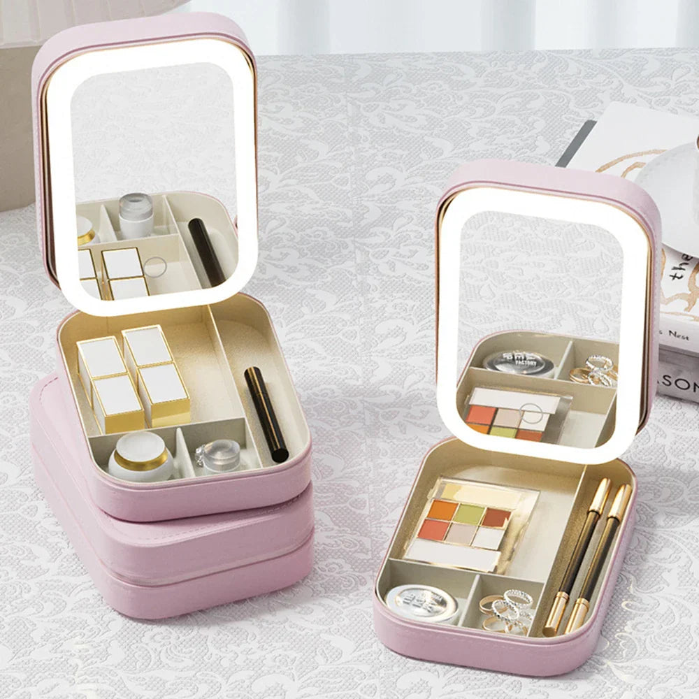 GlamOrganizer™ Praktische Aufbewahrung mit LED-Lichtspiegel für Kosmetik und Schmuck
