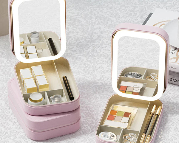GlamOrganizer™ Praktische Aufbewahrung mit LED-Lichtspiegel für Kosmetik und Schmuck