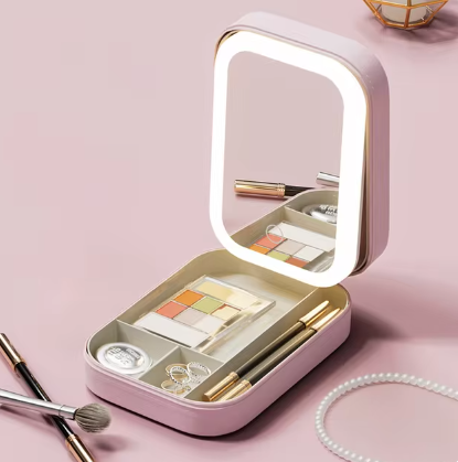GlamOrganizer™ Praktische Aufbewahrung mit LED-Lichtspiegel für Kosmetik und Schmuck