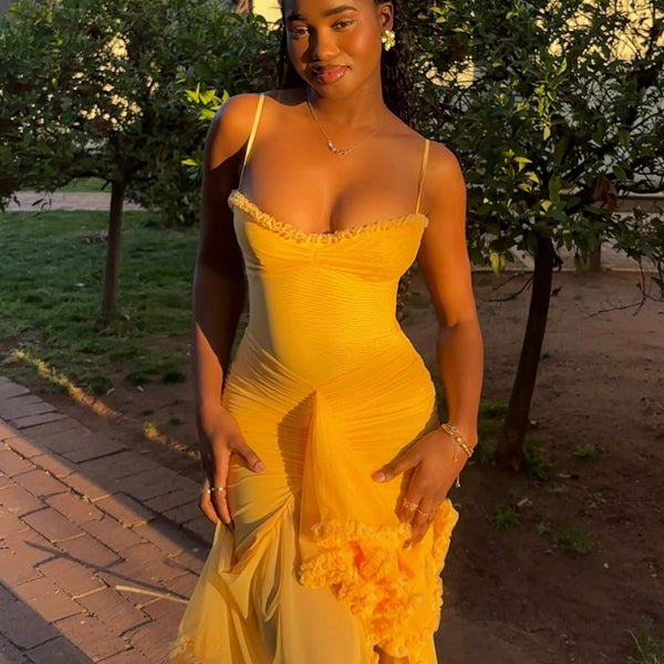 Anabella | Spaghetti-Träger Rüschen Maxikleid