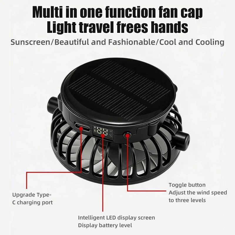 BreezeShade™ | Solar-Ventilatorhut mit USB-Aufladung & UV-Schutz
