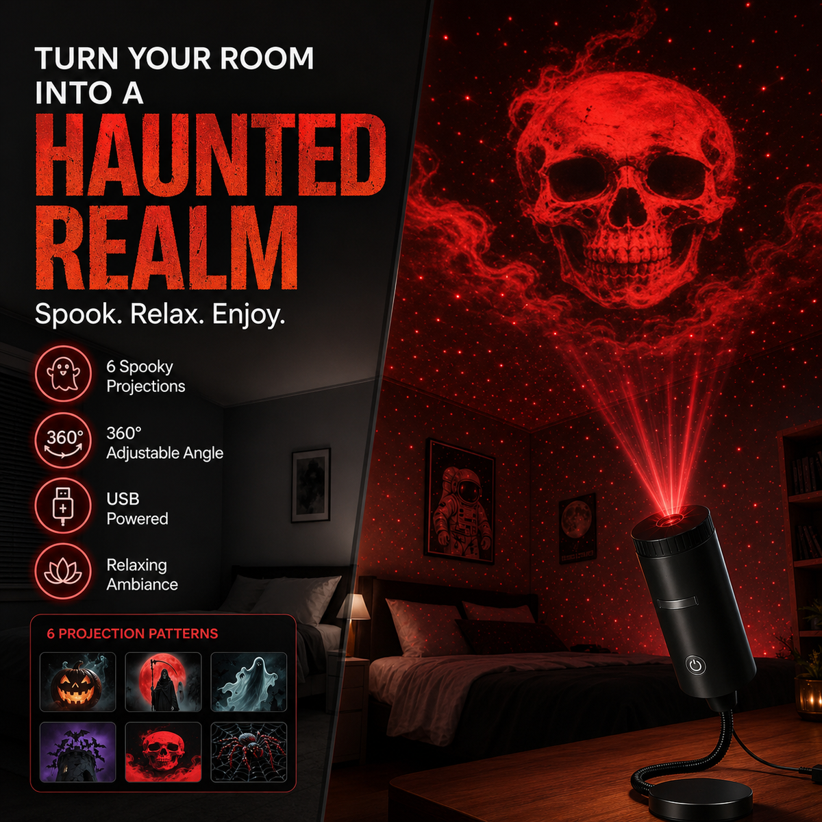 SpookLume™ HD Halloween-Projektor – 6 Gruselige Motive für Sofortige Halloween-Atmosphäre