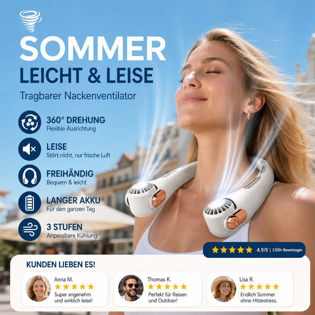 Geräuscharmer für den Sommer Tragbarer Nackenlüfter
